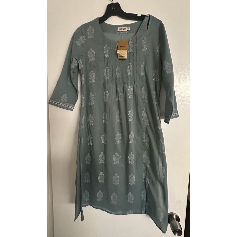Fabindia Green Teal Womans Tunic Dress XS Button Slit lightweight India